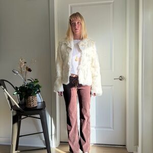 Vintage White Rabbit Fur Jacket Women’s Medium Satin Lined Winter Coat